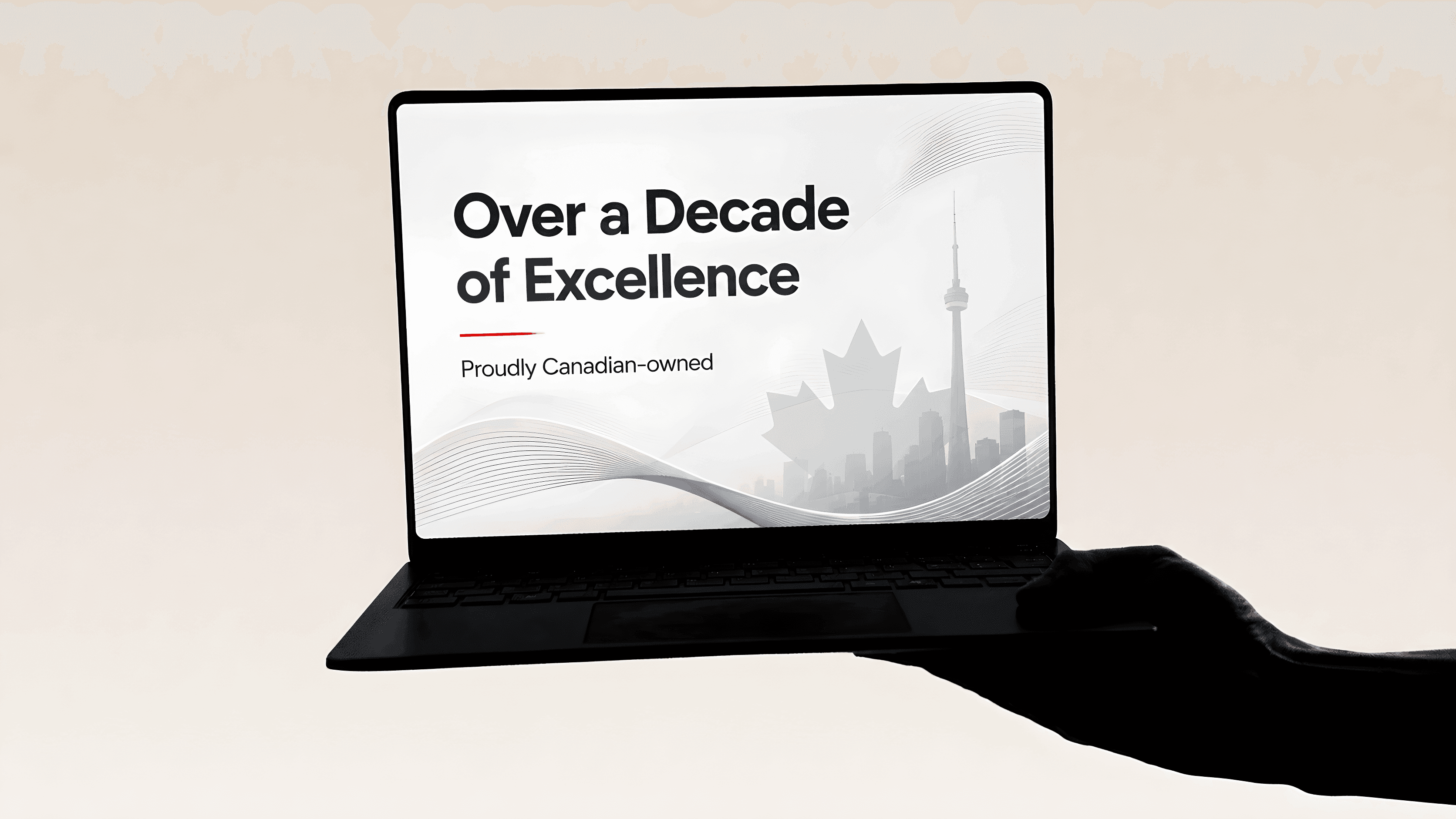 Laptop displaying TechHub's Canadian-owned service message